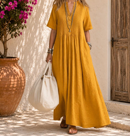 Casual Loose V-Neck Short Sleeve Pleated Cotton Linen Maxi Dress for Women