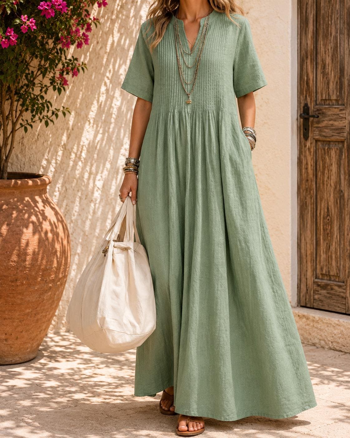 Casual Loose V-Neck Short Sleeve Pleated Cotton Linen Maxi Dress for Women