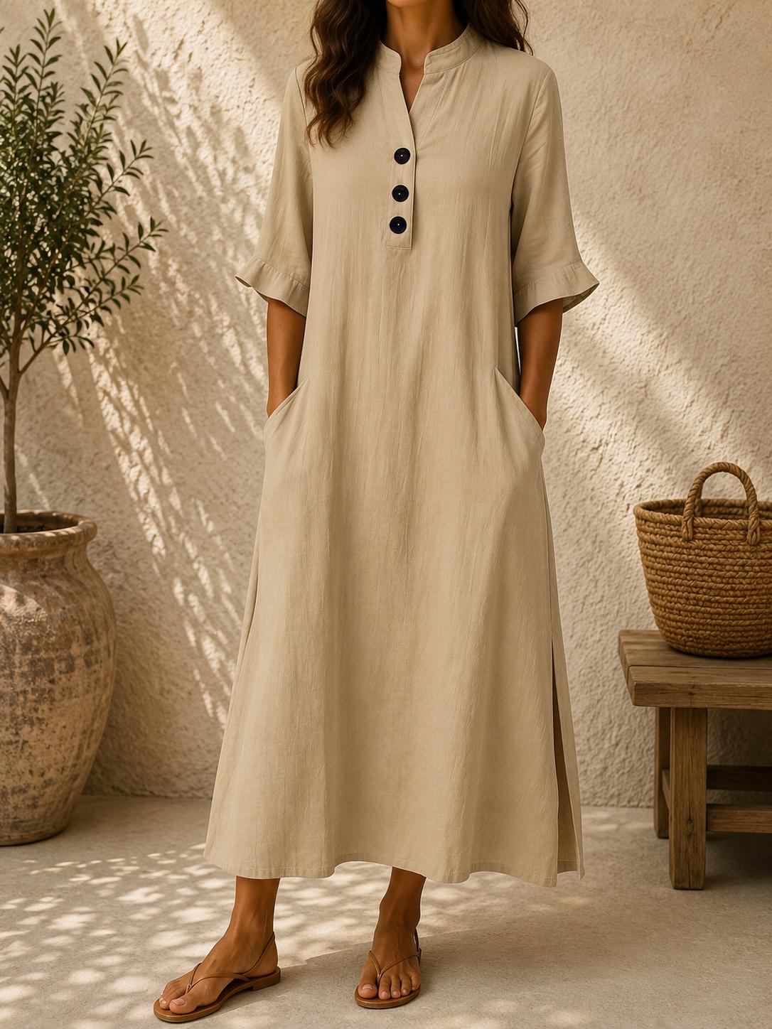 Women Cotton Linen Maxi Dress Loose Casual Summer Pockets Boho Long Dress