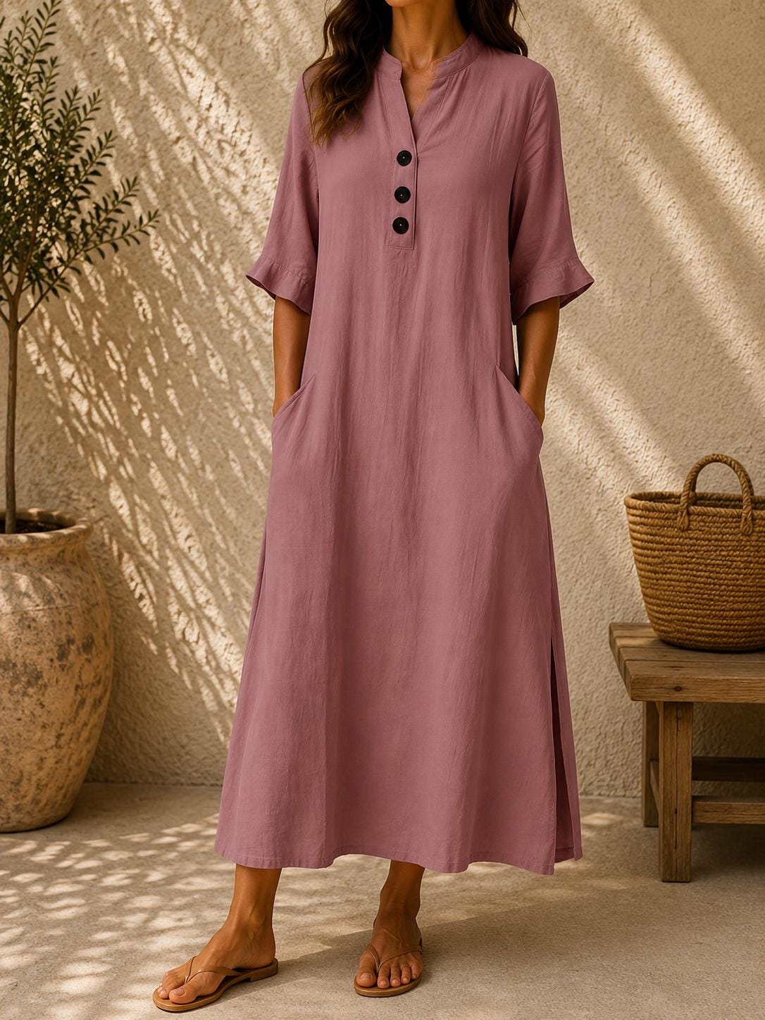 Women Cotton Linen Maxi Dress Loose Casual Summer Pockets Boho Long Dress