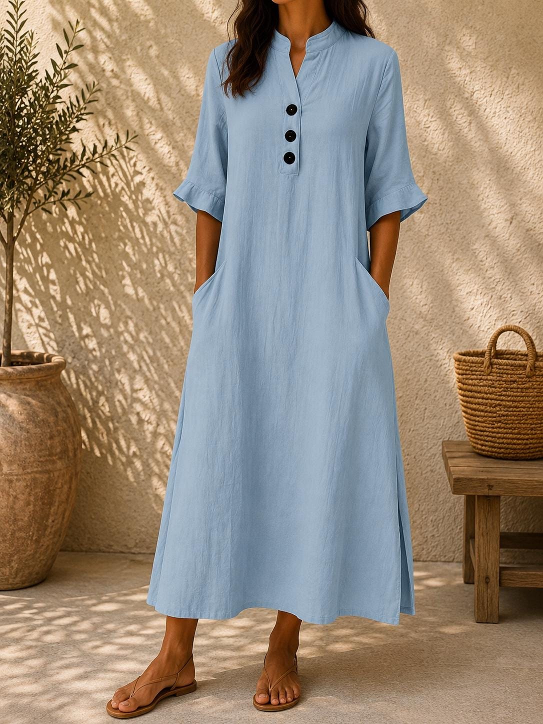 Women Cotton Linen Maxi Dress Loose Casual Summer Pockets Boho Long Dress