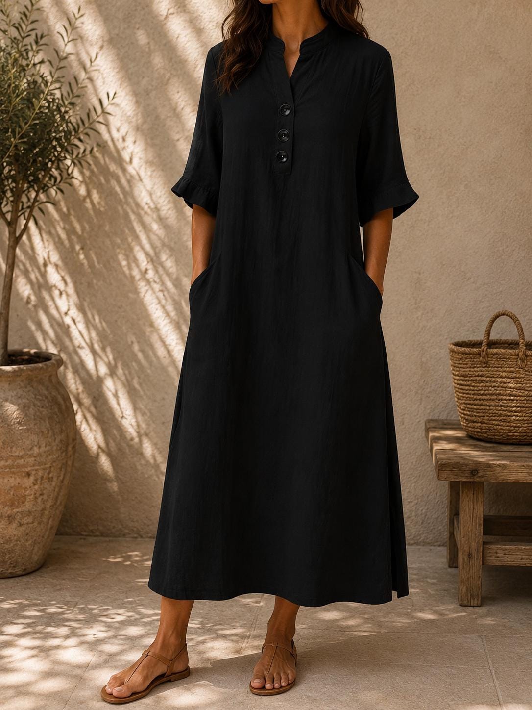 Women Cotton Linen Maxi Dress Loose Casual Summer Pockets Boho Long Dress