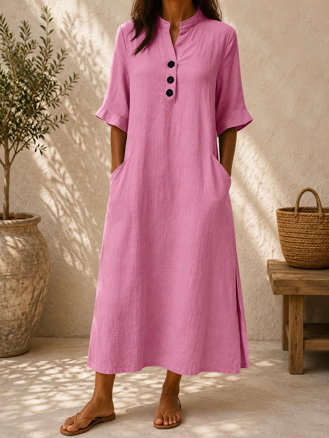 Women Cotton Linen Maxi Dress Loose Casual Summer Pockets Boho Long Dress
