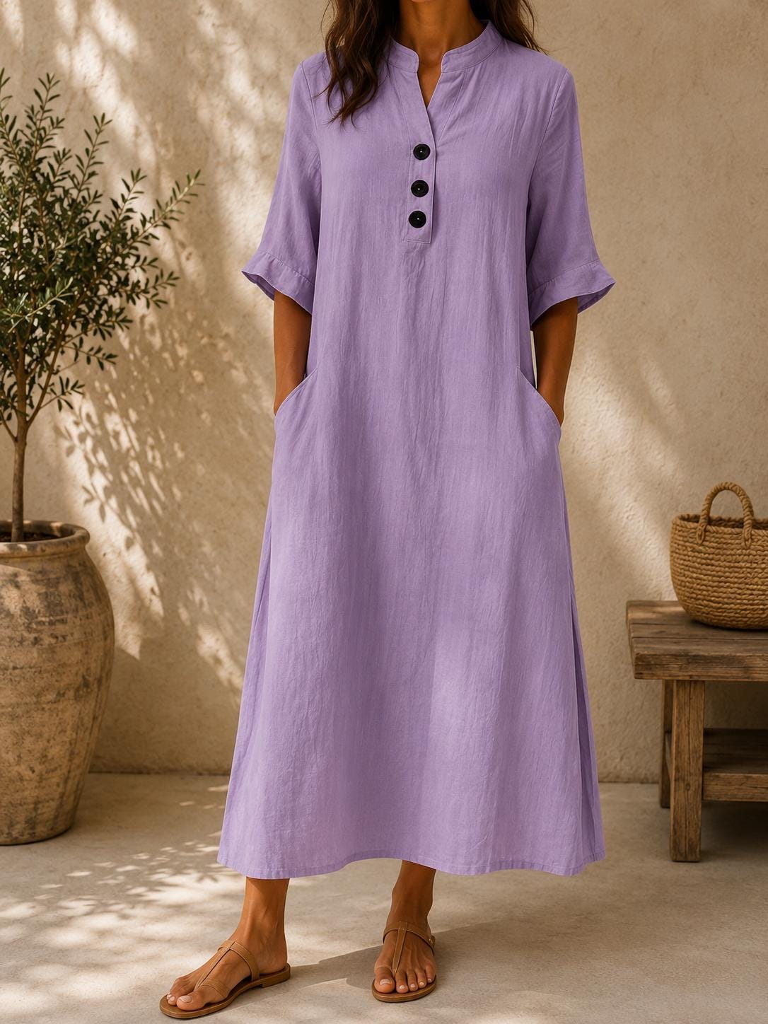 Women Cotton Linen Maxi Dress Loose Casual Summer Pockets Boho Long Dress