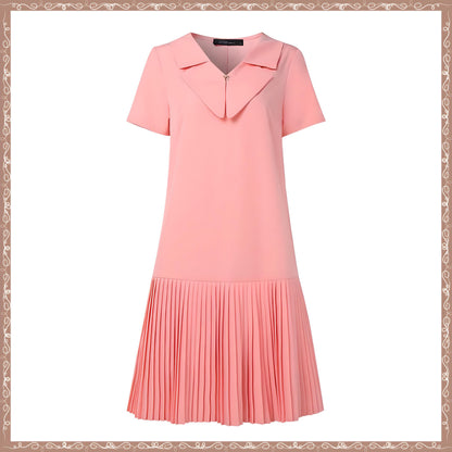 Elegant Pleated Hem Dress, Chic V-Neck Short Sleeve, Women's Summer Midi Vestidos, Celebrity Dresses, Short Sleeve Fitted Waist Robes Femme