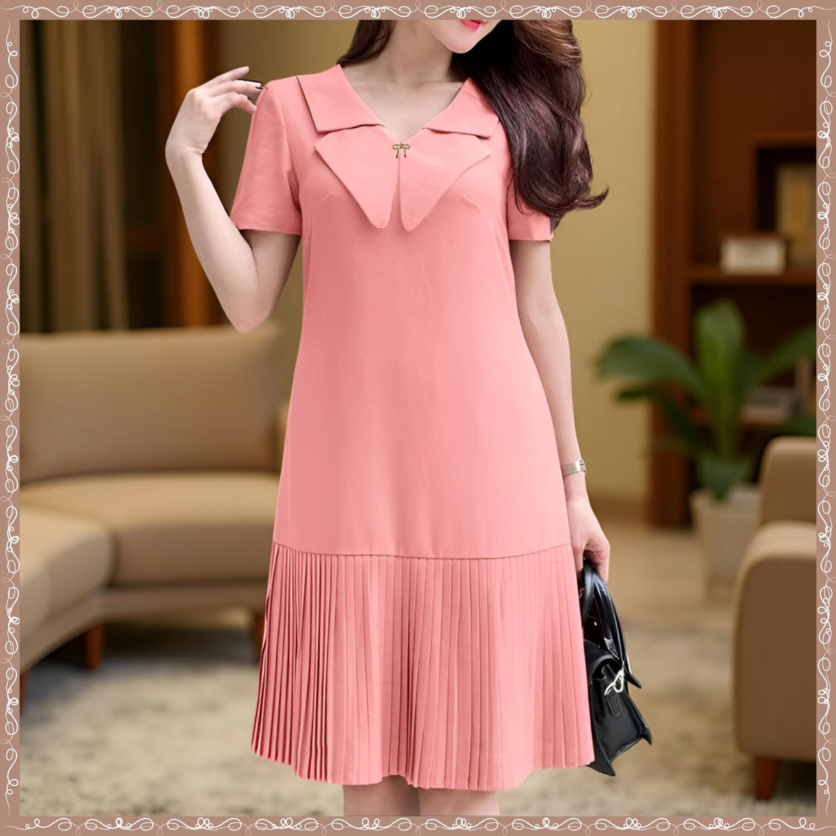 Elegant Pleated Hem Dress, Chic V-Neck Short Sleeve, Women's Summer Midi Vestidos, Celebrity Dresses, Short Sleeve Fitted Waist Robes Femme