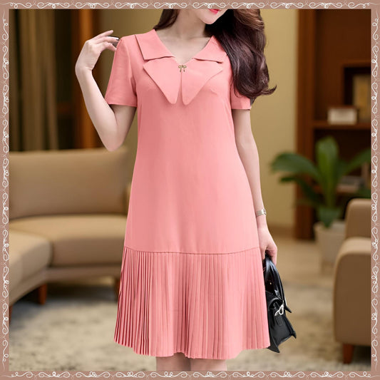 Elegant Pleated Hem Dress, Chic V-Neck Short Sleeve, Women's Summer Midi Vestidos, Celebrity Dresses, Short Sleeve Fitted Waist Robes Femme