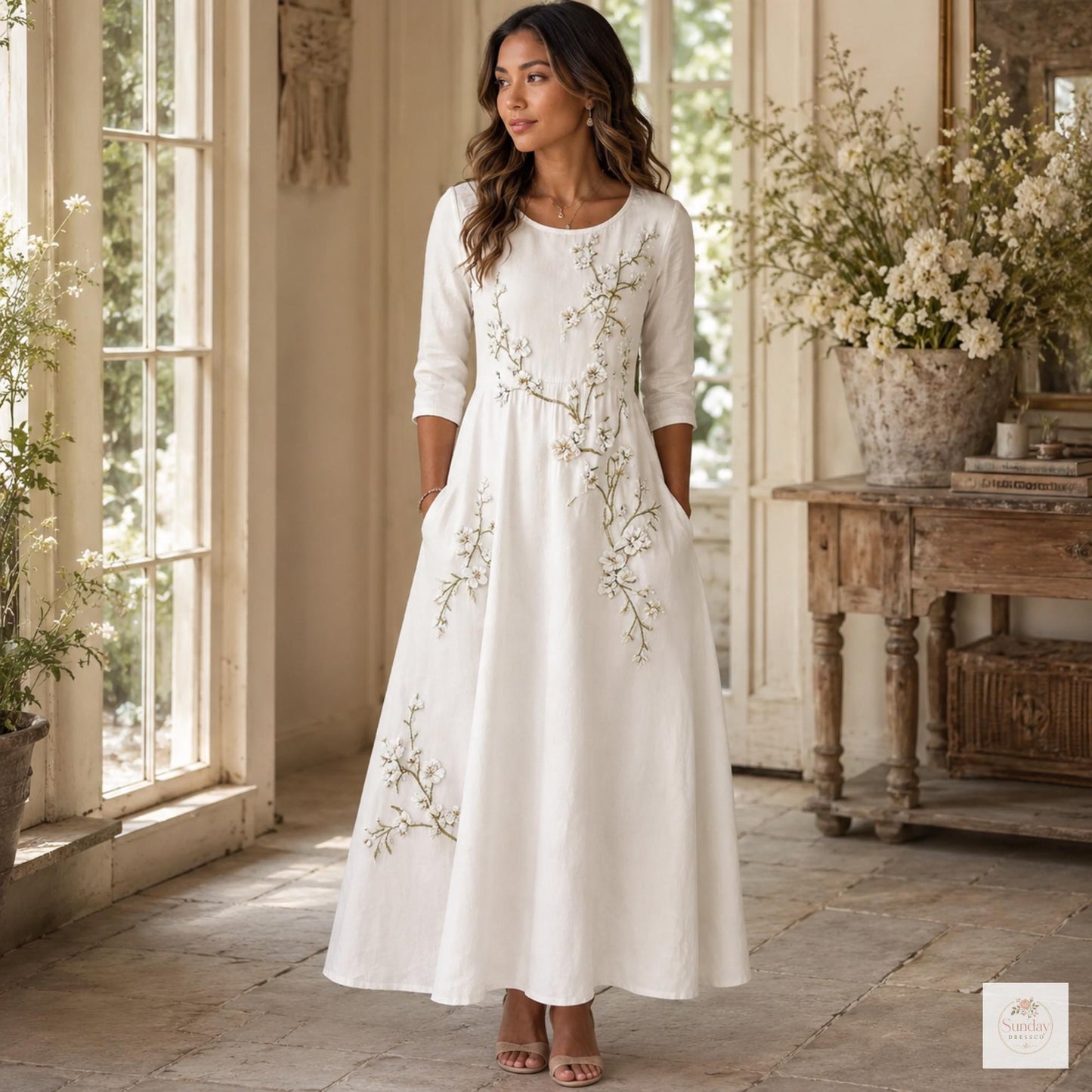 Floral Print Maxi Dress with Pockets, Cottagecore Summer Dress, 3/4 Sleeve Flowy Garden Party Dress