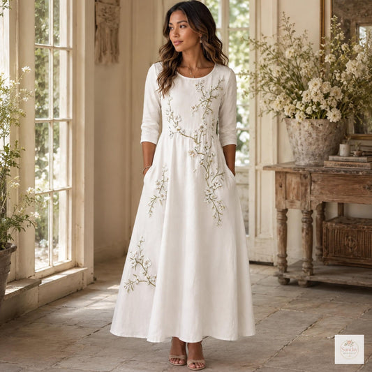 Floral Print Maxi Dress with Pockets, Cottagecore Summer Dress, 3/4 Sleeve Flowy Garden Party Dress