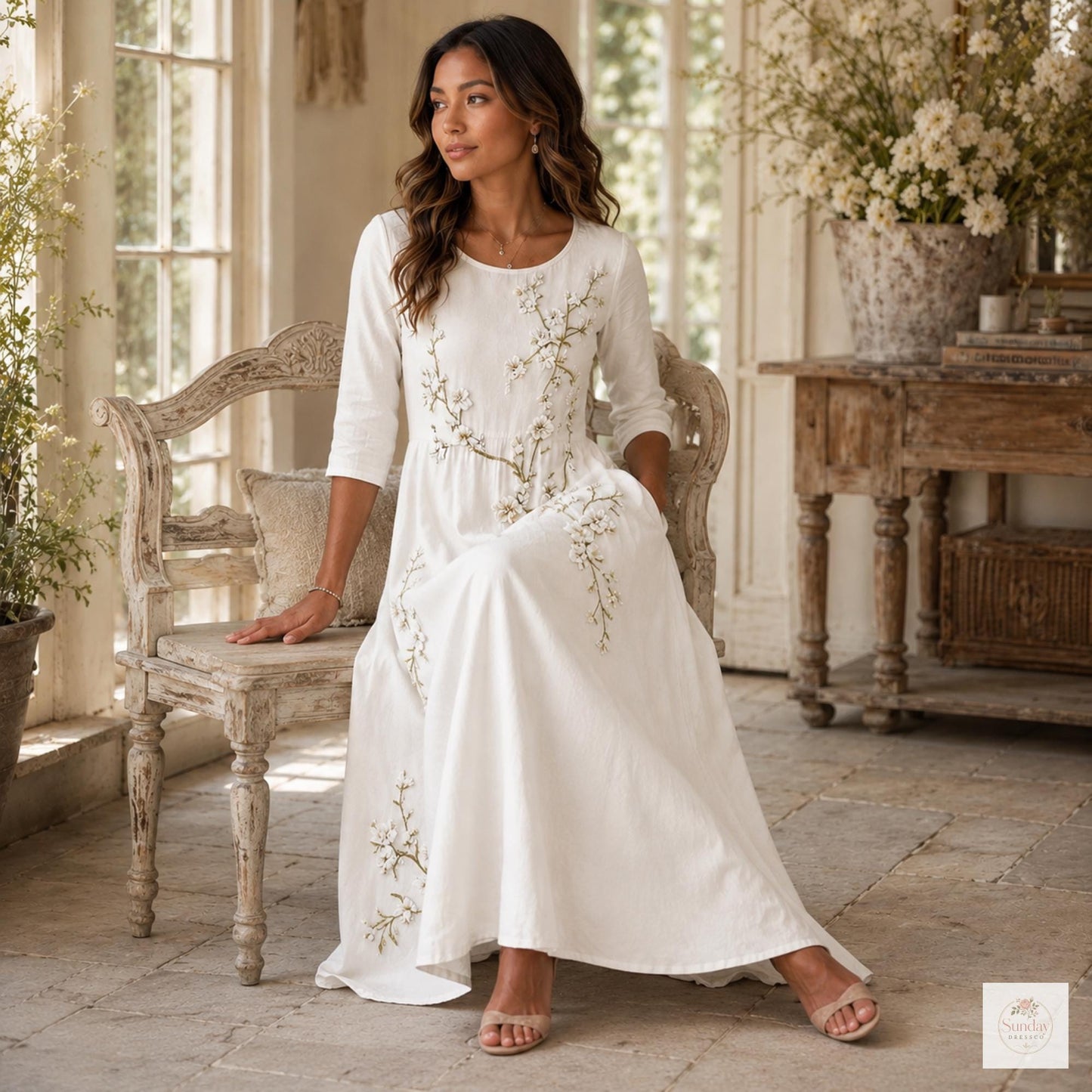 Floral Print Maxi Dress with Pockets, Cottagecore Summer Dress, 3/4 Sleeve Flowy Garden Party Dress