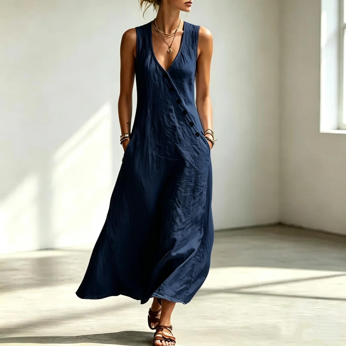 Handmade Cotton Linen Sleeveless Maxi Dress – Beach Vacation Summer Wear