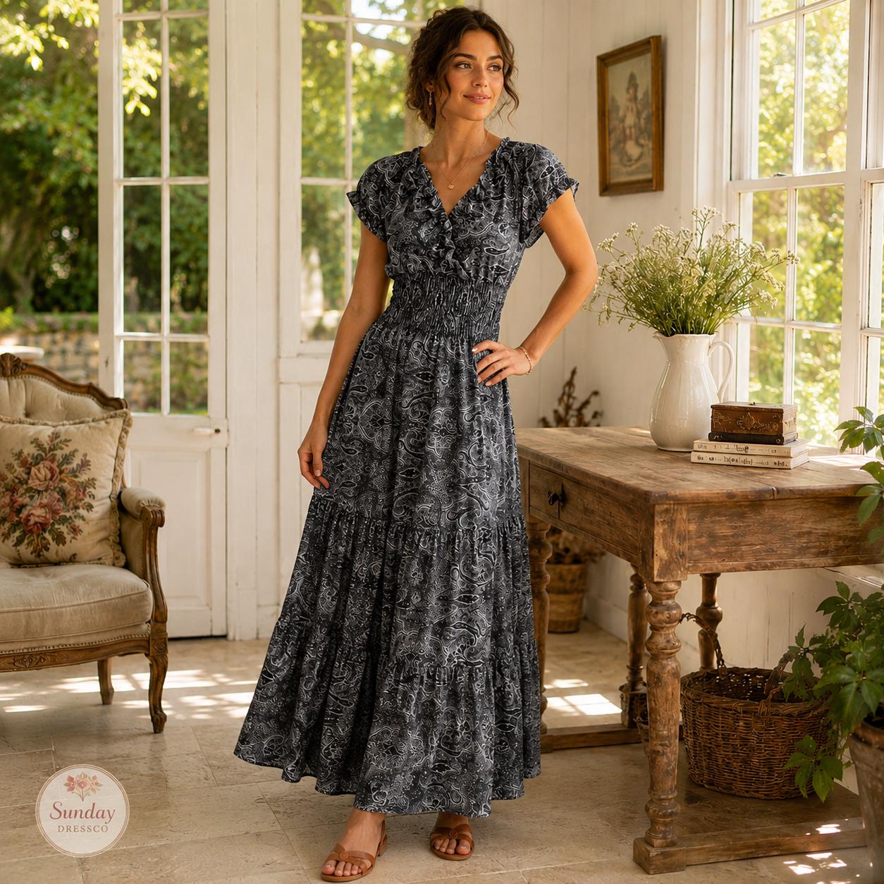 Paisley Maxi Dress Ruffle Neck - Boho Summer Dress, Women's Clothing, Garden Party