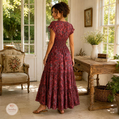 Paisley Maxi Dress Ruffle Neck - Boho Summer Dress, Women's Clothing, Garden Party