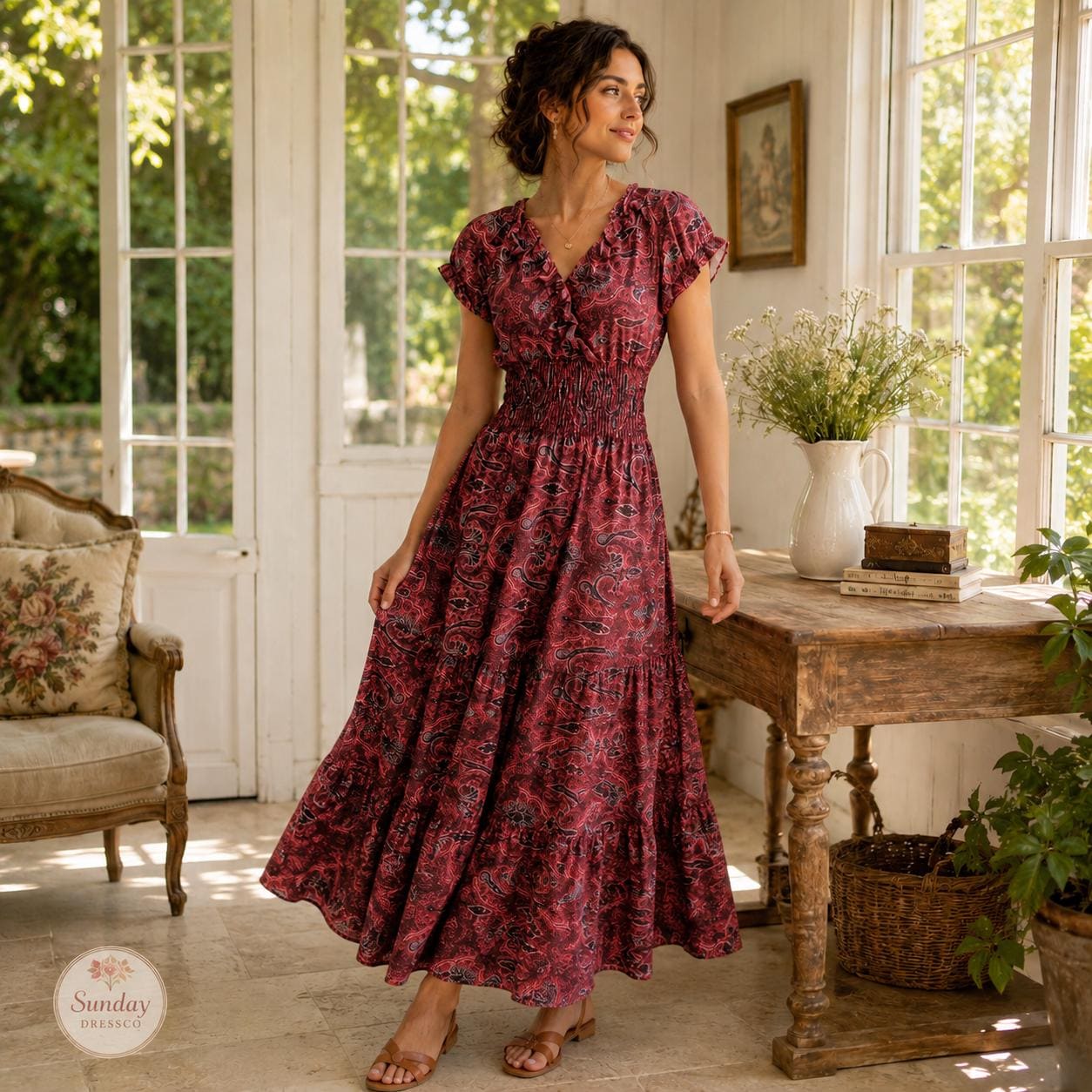 Paisley Maxi Dress Ruffle Neck - Boho Summer Dress, Women's Clothing, Garden Party