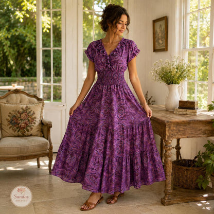 Paisley Maxi Dress Ruffle Neck - Boho Summer Dress, Women's Clothing, Garden Party