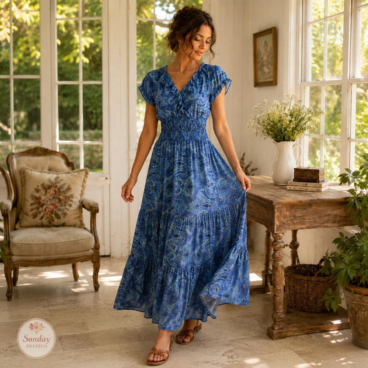 Paisley Maxi Dress Ruffle Neck - Boho Summer Dress, Women's Clothing, Garden Party