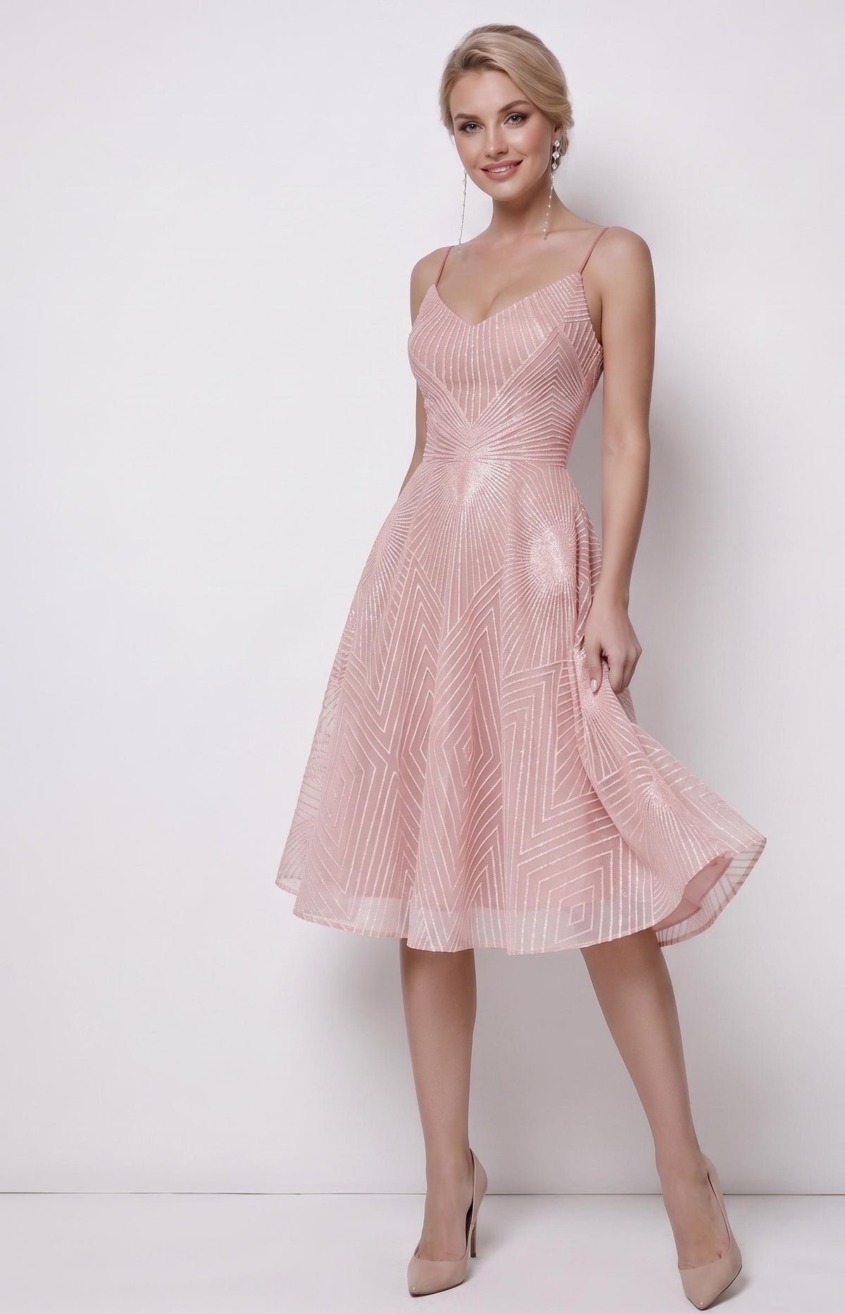 Geometric Print Open-Back Cocktail Dress | V-Neck Spaghetti Strap Midi Gown
