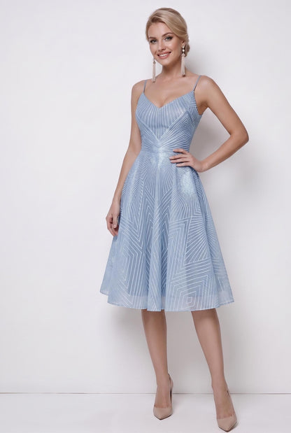 Geometric Print Open-Back Cocktail Dress | V-Neck Spaghetti Strap Midi Gown