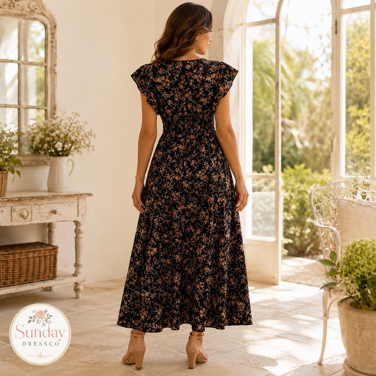 Floral Maxi Dress Smocked Waist - Flutter Sleeve Dress, Women's Clothing, Summer Outfit