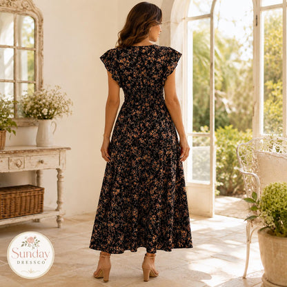 Floral Maxi Dress Smocked Waist - Flutter Sleeve Dress, Women's Clothing, Summer Outfit