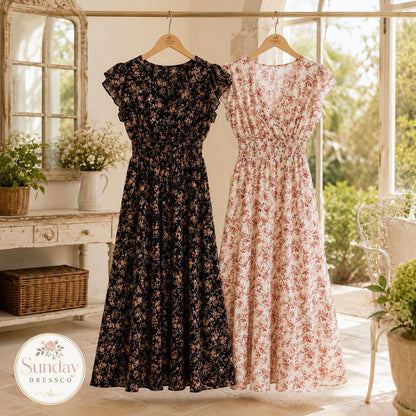 Floral Maxi Dress Smocked Waist - Flutter Sleeve Dress, Women's Clothing, Summer Outfit