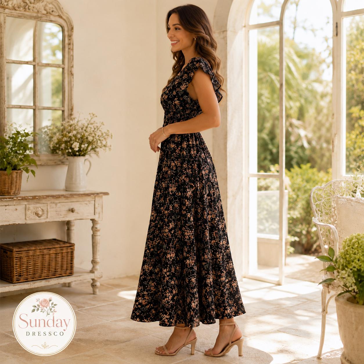Floral Maxi Dress Smocked Waist - Flutter Sleeve Dress, Women's Clothing, Summer Outfit