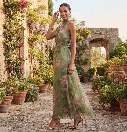 Green Floral Halter Maxi Dress, Boho Summer Wedding Guest Gown