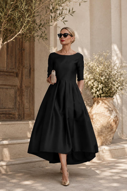 Elegant Midi Dress | A-Line Full Skirt, Boat Neckline, 3/4 Sleeves