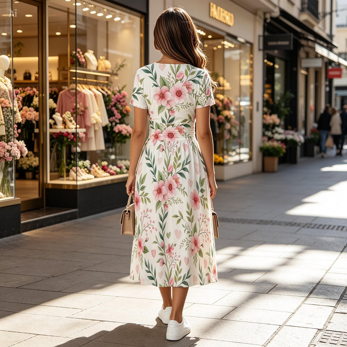Floral Midi Dress – Elegant V Neck Summer Dress