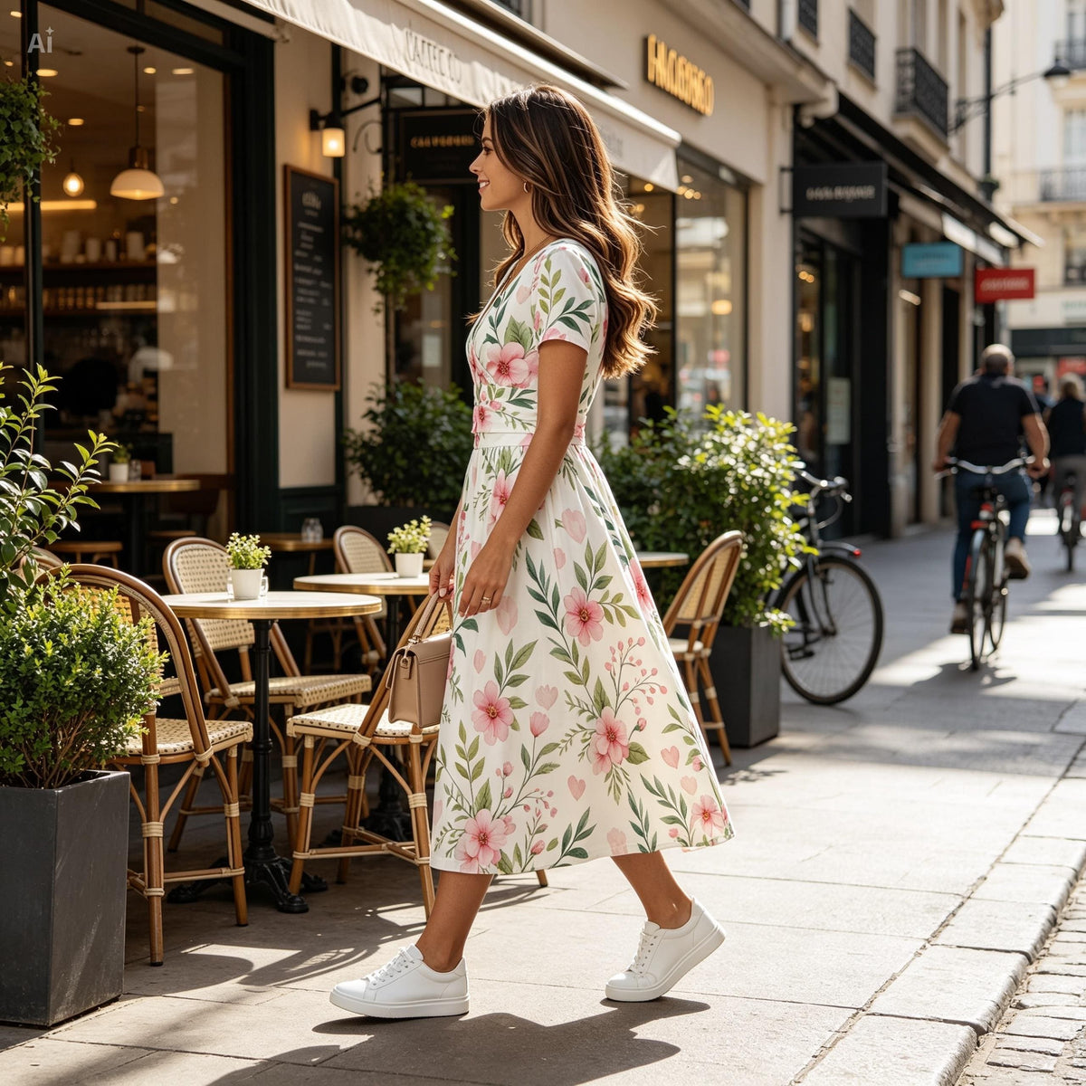 Floral Midi Dress – Elegant V Neck Summer Dress