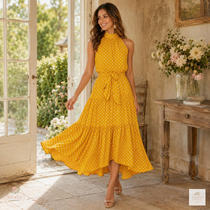 Polka Dot Maxi Dress - Halter Summer Dress, Women's Clothing, Garden Party Outfit
