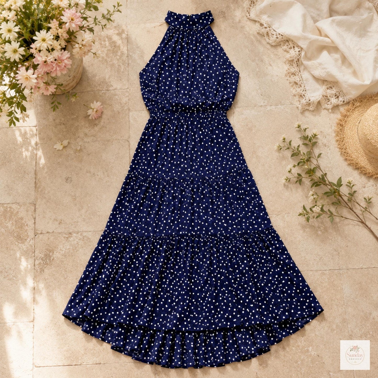 Polka Dot Maxi Dress - Halter Summer Dress, Women's Clothing, Garden Party Outfit