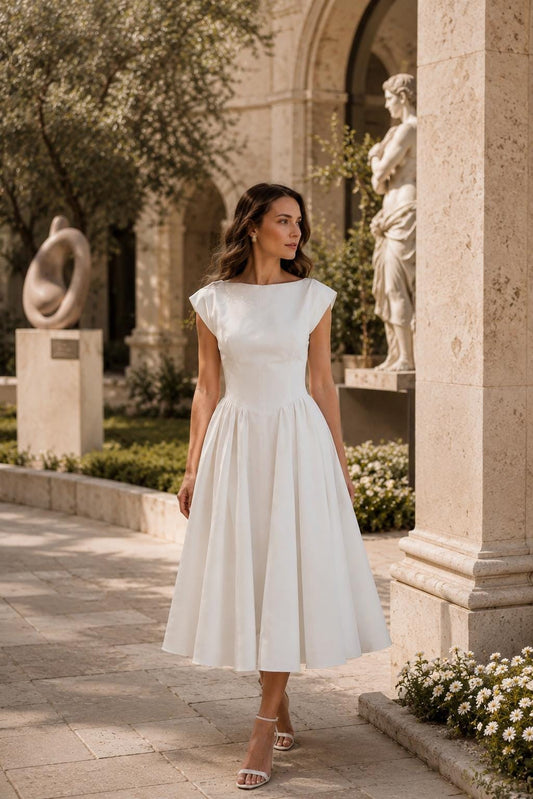 White Cotton Midi Dress for Women | Elegant A-Line Fit & Flare Dress | Minimalist Wedding Guest Dress | Summer Cotton Dress