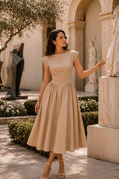 White Cotton Midi Dress for Women | Elegant A-Line Fit & Flare Dress | Minimalist Wedding Guest Dress | Summer Cotton Dress