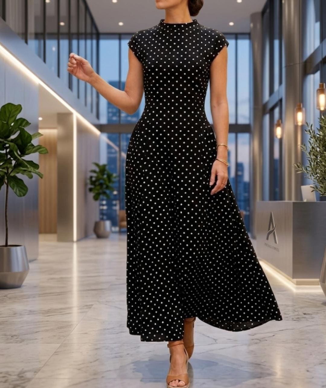 Polka Dot Maxi Dress, Mock Neck Cap Sleeve, Flowy A-Line Summer Vacation Party