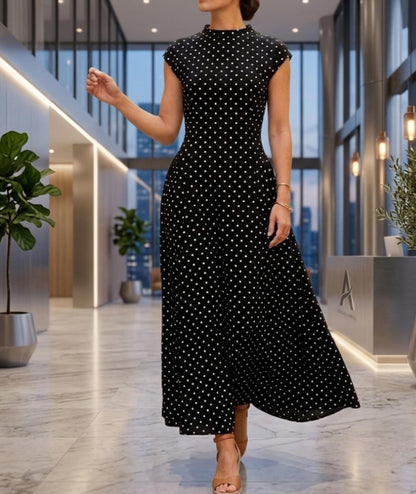 Polka Dot Maxi Dress, Mock Neck Cap Sleeve, Flowy A-Line Summer Vacation Party