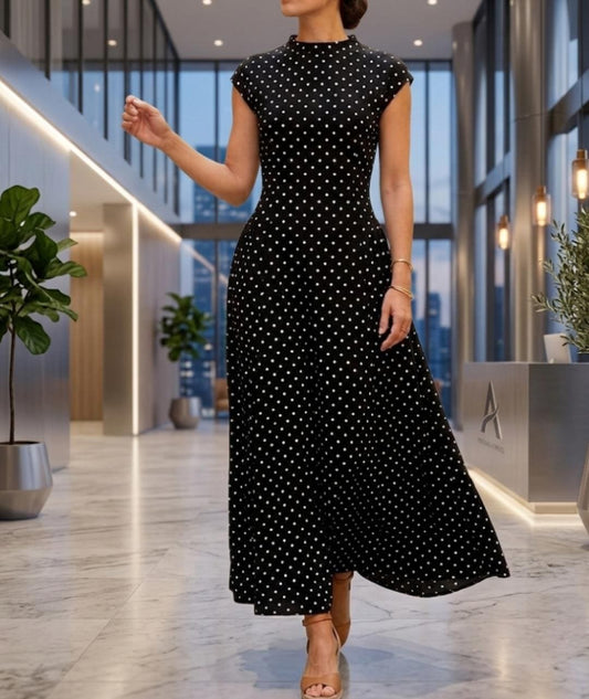 Polka Dot Maxi Dress, Mock Neck Cap Sleeve, Flowy A-Line Summer Vacation Party