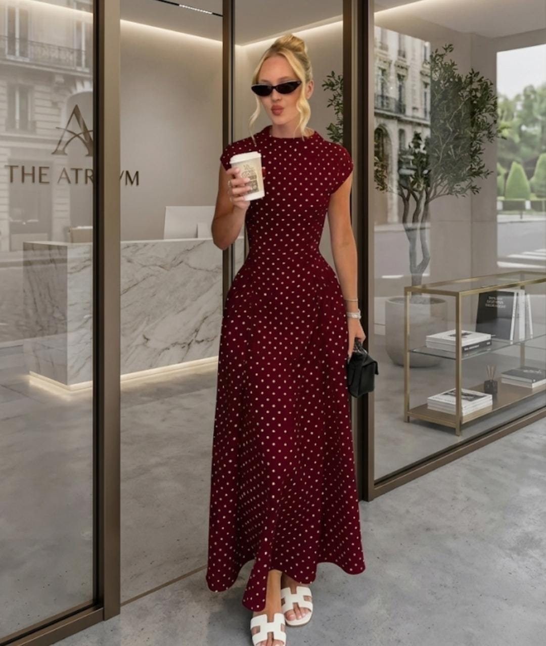 Polka Dot Maxi Dress, Mock Neck Cap Sleeve, Flowy A-Line Summer Vacation Party