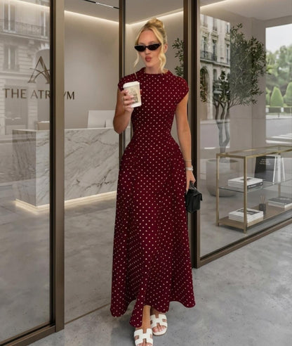 Polka Dot Maxi Dress, Mock Neck Cap Sleeve, Flowy A-Line Summer Vacation Party