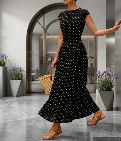Polka Dot Maxi Dress, Mock Neck Cap Sleeve, Flowy A-Line Summer Vacation Party