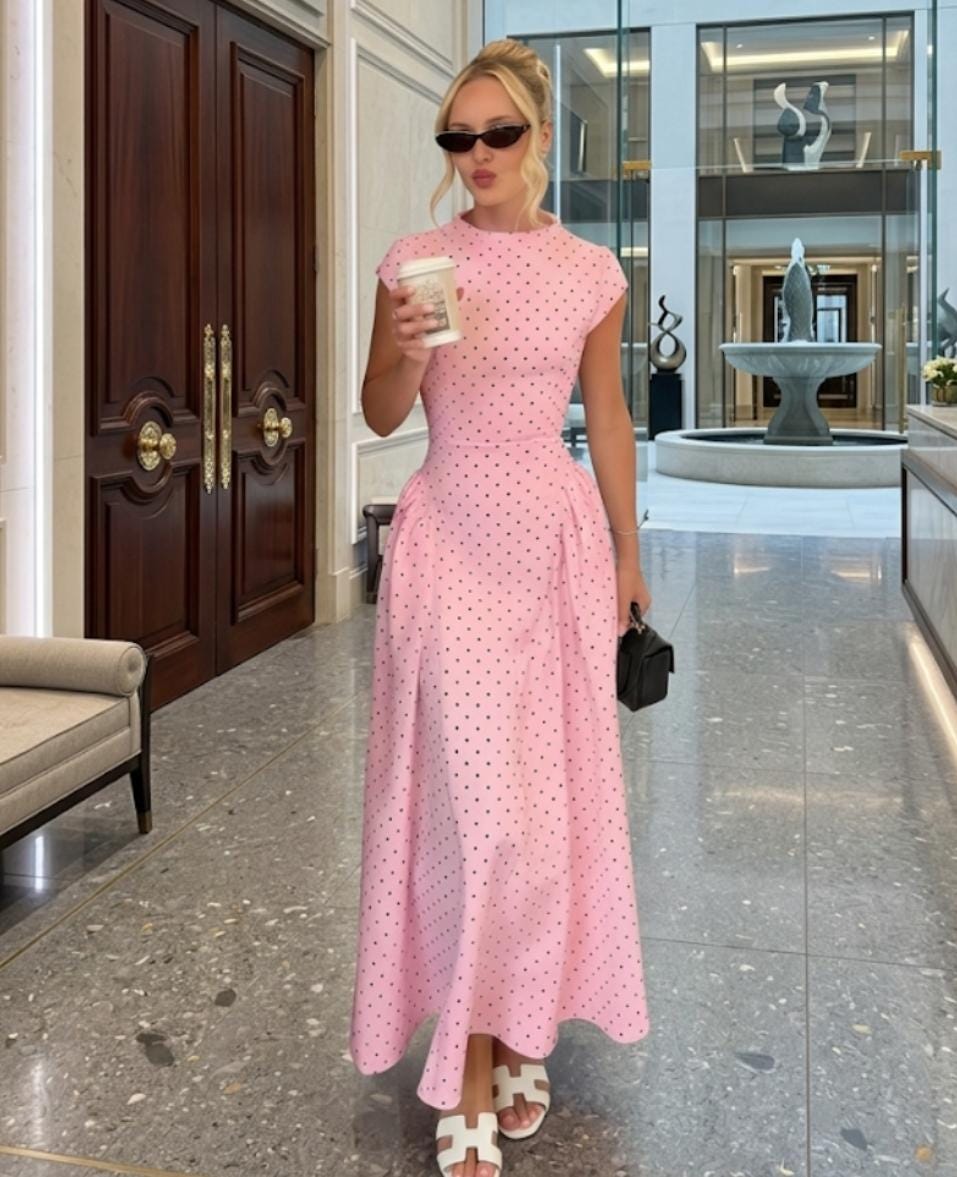 Polka Dot Maxi Dress, Mock Neck Cap Sleeve, Flowy A-Line Summer Vacation Party
