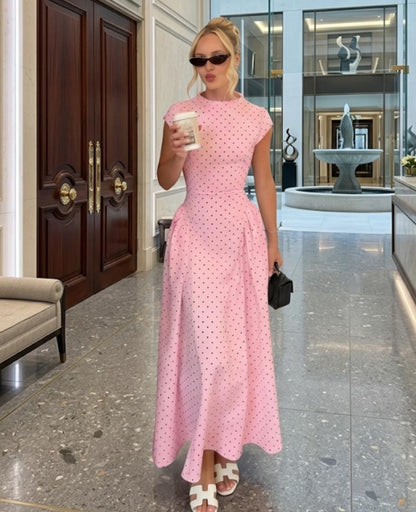 Polka Dot Maxi Dress, Mock Neck Cap Sleeve, Flowy A-Line Summer Vacation Party