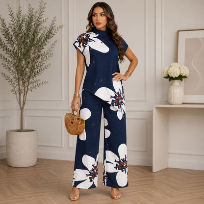 Women's Summer Two Piece Outfit, Floral Wide Leg Pant Set, Asymmetrical Tunic Top, Resort Vacation Lounge Set, Casual Elegant Co Ord