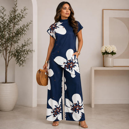 Women's Summer Two Piece Outfit, Floral Wide Leg Pant Set, Asymmetrical Tunic Top, Resort Vacation Lounge Set, Casual Elegant Co Ord