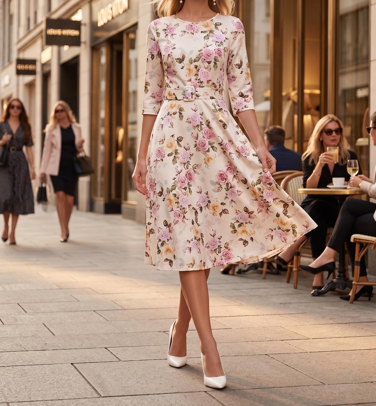 Elegant Floral Midi Dress for Women – Slim Fit Belted Party Dress