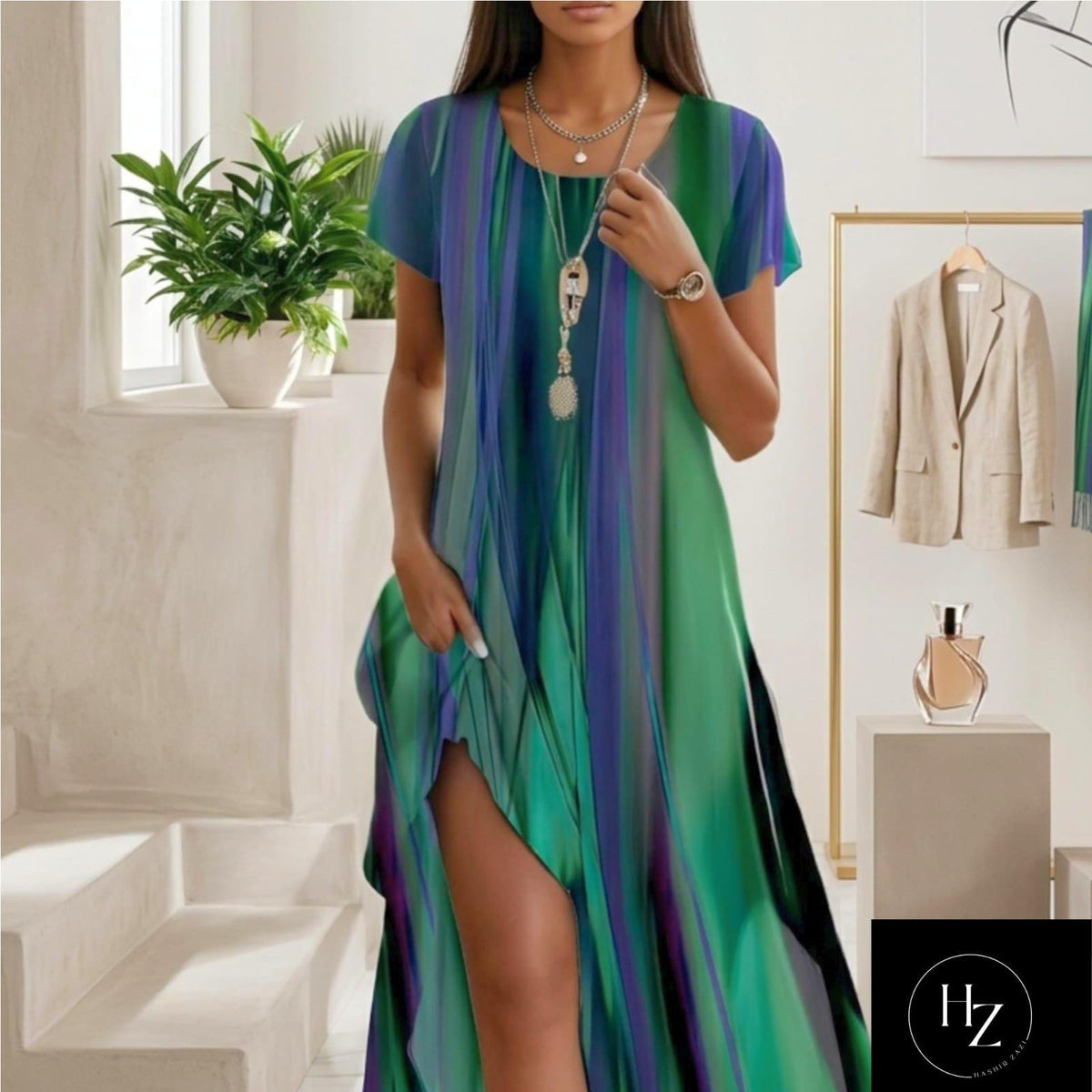 Women's Boho Floral Midi Dress | Comfortable Summer Fit, Short Sleeve, Round Neckline