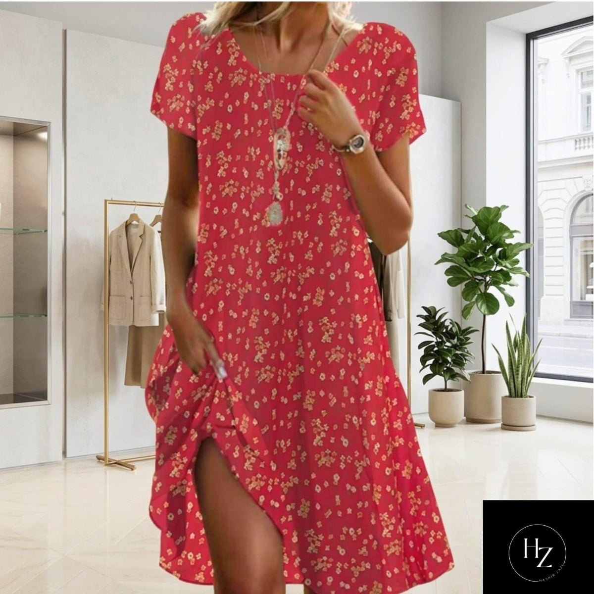 Women's Boho Floral Midi Dress | Comfortable Summer Fit, Short Sleeve, Round Neckline