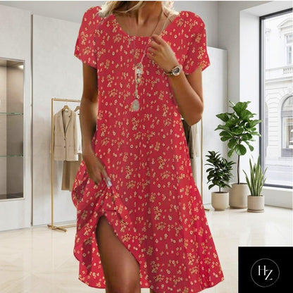 Women's Boho Floral Midi Dress | Comfortable Summer Fit, Short Sleeve, Round Neckline