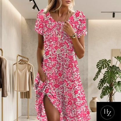 Women's Boho Floral Midi Dress | Comfortable Summer Fit, Short Sleeve, Round Neckline