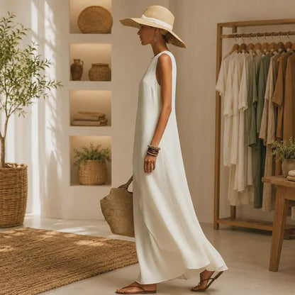 Linen Maxi Dress Women, Elegant Sleeveless Boho , Flowy Summer Beach, LooseFit Vacation Outfit